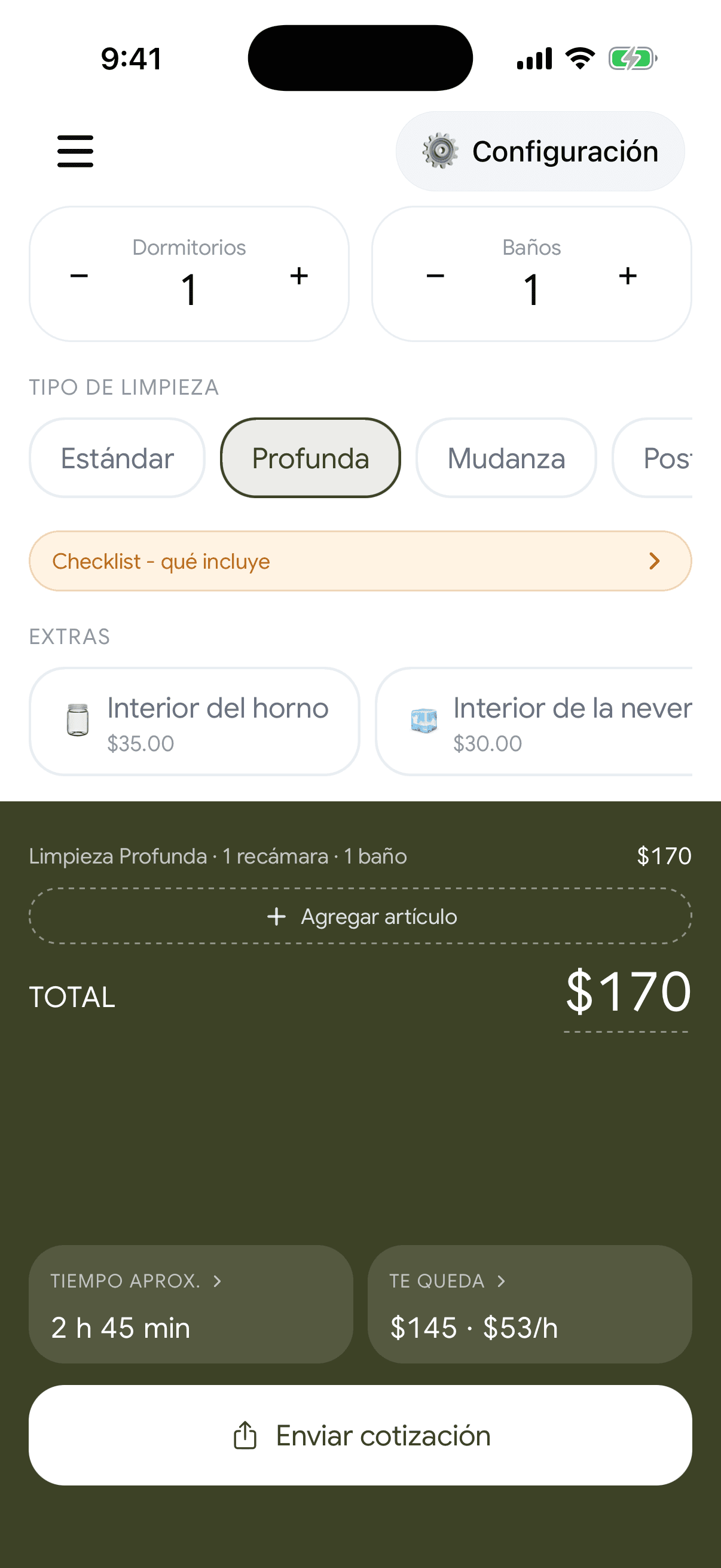 La calculadora de precios de limpieza en la app: limpieza profunda de 1 recámara y 1 baño por $170